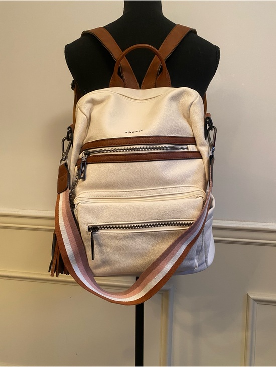 Shrrie Other - Cream & Tan Leather Backpack with Striped Accent Strap with Wallet 2 Piece